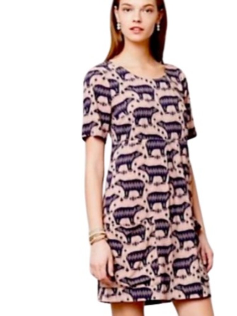 Anthropologie Maeve Womens Zola Bear Shift Dress Salmon Pink Black Pockets 6